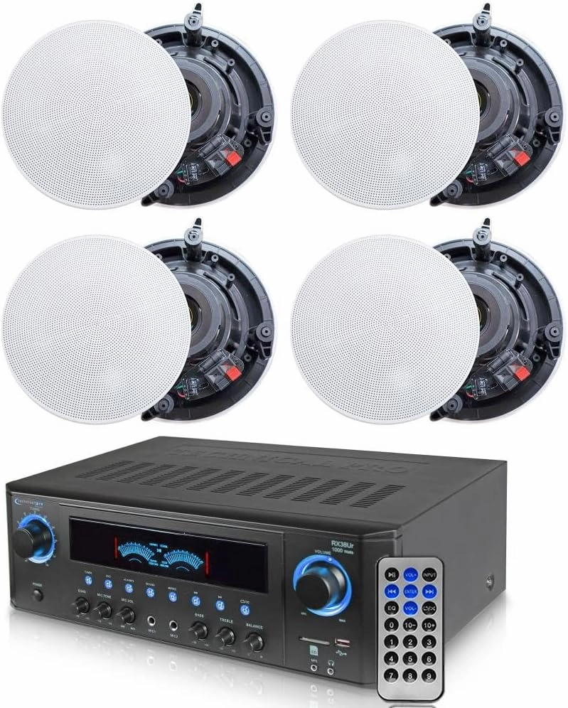 Technical Pro 1000 Watts Professional Home Theater Receiver System with USB and SD Card Inputs   2 Pairs of 5.25 Inch Ceiling Wall Mount Frame-Less 2-Way Mid bass Woofer Speaker surround sound system,cinema audio kit,5.1 surround package,