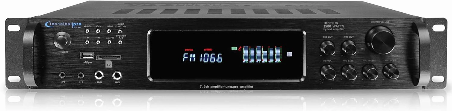 Technical Pro 1500 Watt Multi-Channel Bluetooth Home Stereo Digital Hybrid Amplifier with USB and SD Inputs, 2 Mic Inputs, AM/FM Digital Tuner, Wireless Remote, Bass & Treble Controls. integrated amplifier,stereo receiver,hi-fi amp combo,