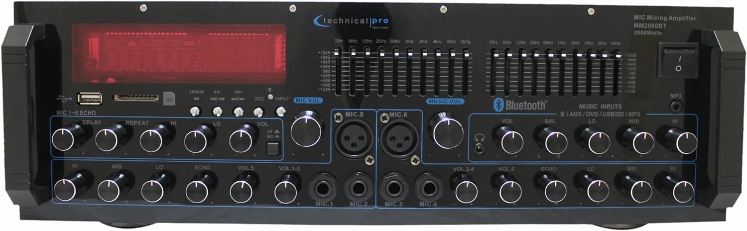 Technical Pro 2000 Watts Professional Mixer and Amplifier with Built-in Bluetooth and EQ, 6 Mic Inputs, USB & SD Card for Speaker, DJ Karaoke, Home Theater power amplifier,stereo amp,hi-fi power amp,