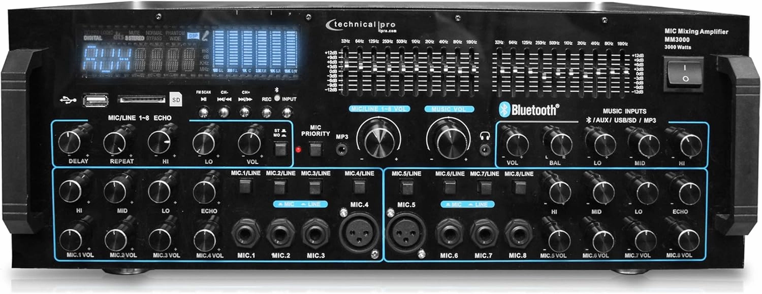 Technical Pro 3000 Watts Professional Mic Mixing Amplifier w/USB SD Card Inputs, Bluetooth Compatibility, Built-in Dual 10 Band Equalizers, for Karaoke Audio Home Stereo Receiver Box System power amplifier,stereo amp,hi-fi power amp,