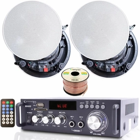 Technical Pro Home Theater System Kit  2 Channel, 600 Watts Bluetooth Amplifier w/ 2 Qty of 5.25" Frameless Ceiling Speakers 175W Each, 50 ft Speaker Wire & Remote Perfect for Home, Restaurant Use soundbar,TV speaker bar,home theater soundbar,