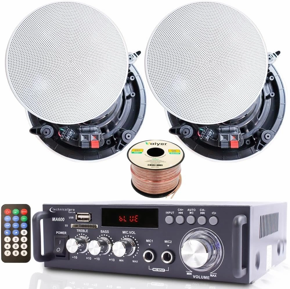Technical Pro Home Theater System Kit  2 Channel, 600 Watts Bluetooth Amplifier w/ 2 Qty of 5.25" Frameless Ceiling Speakers 175W Each, 50 ft Speaker Wire & Remote Perfect for Home, Restaurant Use soundbar,TV speaker bar,home theater soundbar,