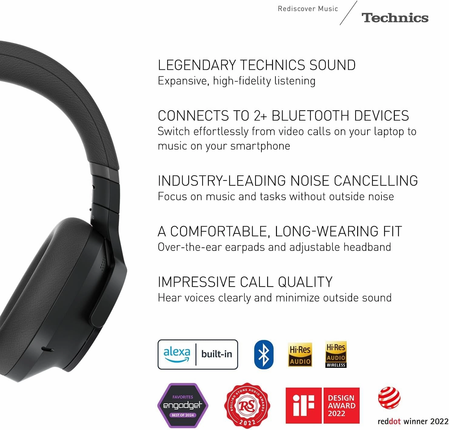 Technics Wireless Noise Cancelling Headphones, 50 Hours Battery Life, High-Fidelity Bluetooth Headphones with Multi-Point Connectivity, Impressive Call Quality, and Comfort Fit - EAH-A800-K Black