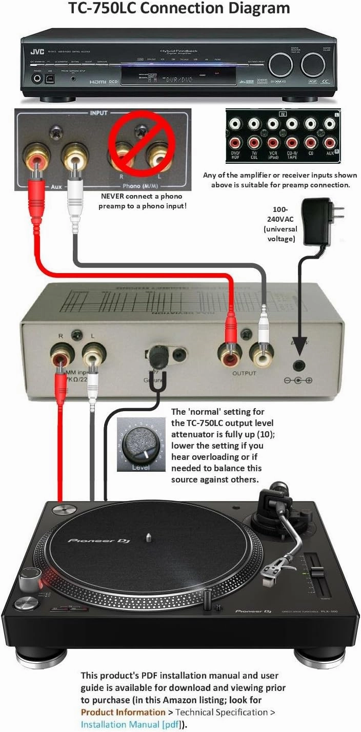 Technolink TC-750LC Audiophile RIAA Phono Preamp with Output Level Control, 85dB S/N; Black or Silver, Your Choice (Black)
