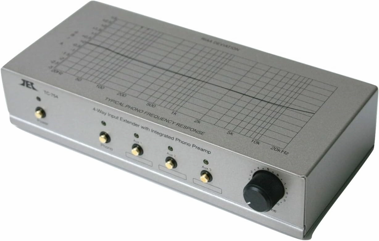 Technolink (TEC) TC-754 RIAA Phono Preamp (Pre-amp, Preamplifier) with Three Switchable Aux Inputs and Variable Output Level (Silver, 1 Amp (Higher Current) AC Adaptor)