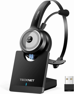 TECKNET Bluetooth 5.0 Headset with Microphone for PC, USB Wireless Headset with Mic for Work, 40Hrs Worktime AI Noise Cancelling On Ear Bluetooth Headphones with Charging Base for Laptop/Call Center noise cancelling headphones,ANC headphones,travel headpho