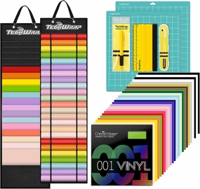 TECKWRAP Permanent Vinyl Bundle All-in-One Accessories, 21 Assorted Colors (12"x12") Sheets, Squeegee, Pin Pen, Tweezers, 2PCS Cutting Mats, Vinyl Storage Bag for Crafting vinyl accessories,turntable parts,record player tools,