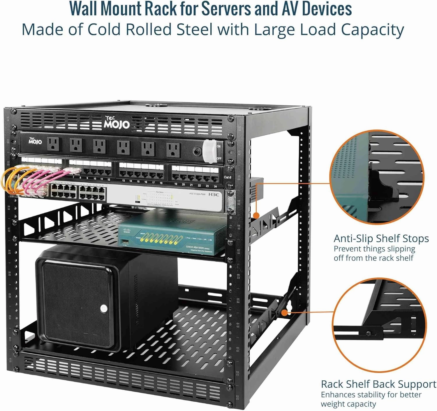 Tecmojo 12U Open Frame Network Rack for IT & AV Gear, AV Rack Floor Standing or Wall Mounted,with 2 PCS 1U Rack Shelves & Mounting Hardware,Network Rack for 19" Networking,Audio and Video Device