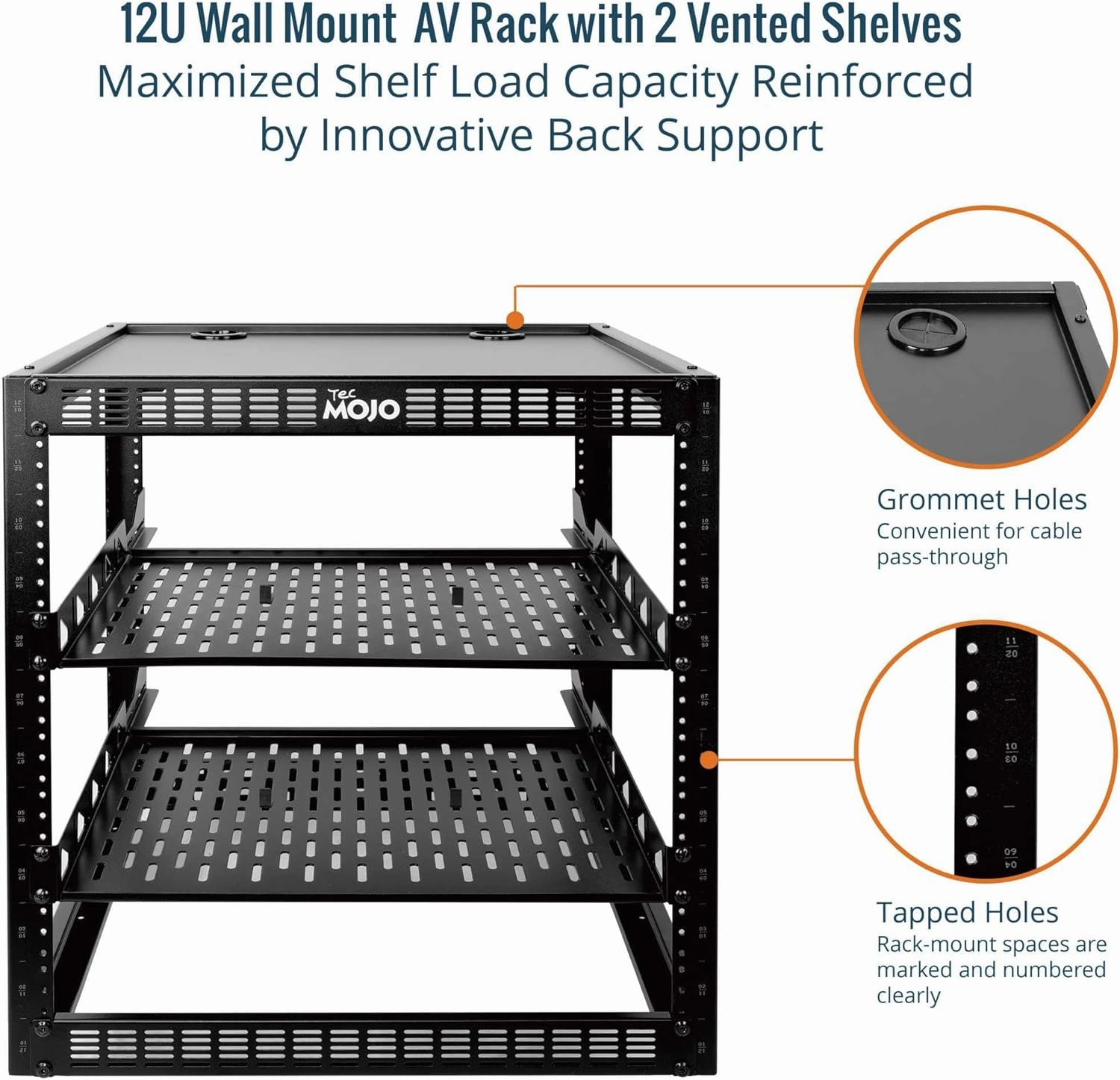 Tecmojo 12U Open Frame Network Rack for IT & AV Gear, AV Rack Floor Standing or Wall Mounted,with 2 PCS 1U Rack Shelves & Mounting Hardware,Network Rack for 19" Networking,Audio and Video Device