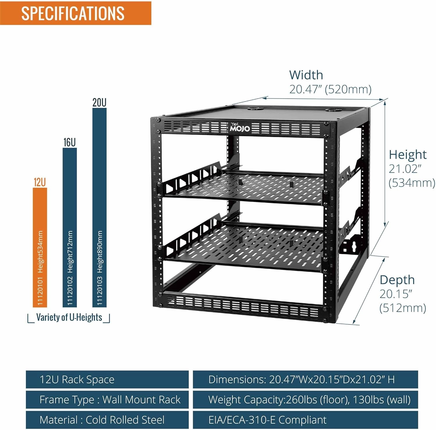 Tecmojo 12U Open Frame Network Rack for IT & AV Gear, AV Rack Floor Standing or Wall Mounted,with 2 PCS 1U Rack Shelves & Mounting Hardware,Network Rack for 19" Networking,Audio and Video Device