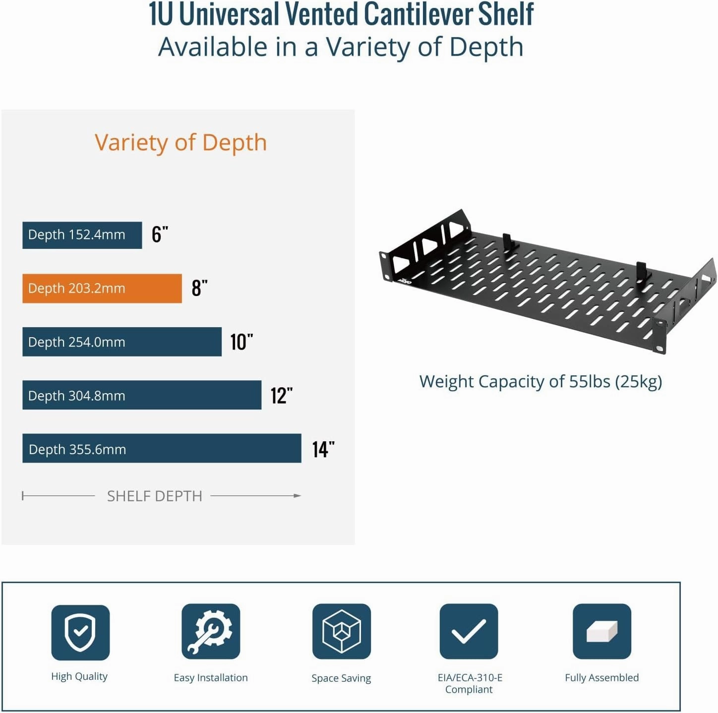 Tecmojo 1U Rack Shelf,19 inch Rack Shelf 8 inch Depth,Rack Mount Shelf with Anti-Slip Stops,Server Rack Shelf and Network Shelf for 19 in Equipments, 55lbs Capacity of Vented 1U Shelf,No Lip(2 Pack)