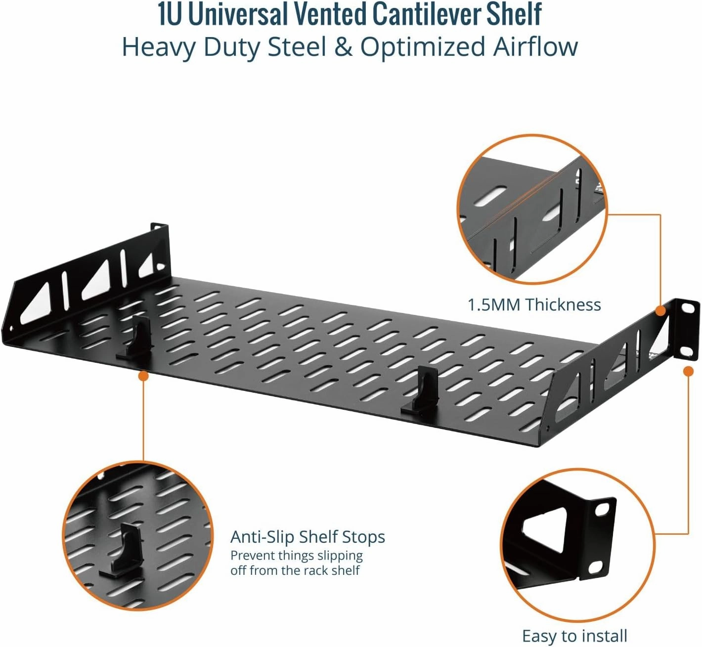 Tecmojo 1U Rack Shelf,19 inch Rack Shelf 8 inch Depth,Rack Mount Shelf with Anti-Slip Stops,Server Rack Shelf and Network Shelf for 19 in Equipments, 55lbs Capacity of Vented 1U Shelf,No Lip(2 Pack)