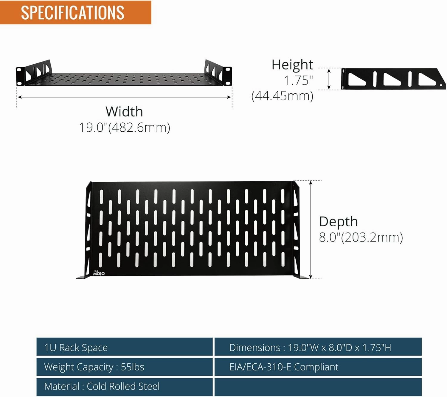 Tecmojo 1U Rack Shelf,19 inch Rack Shelf 8 inch Depth,Rack Mount Shelf with Anti-Slip Stops,Server Rack Shelf and Network Shelf for 19 in Equipments, 55lbs Capacity of Vented 1U Shelf,No Lip(2 Pack)