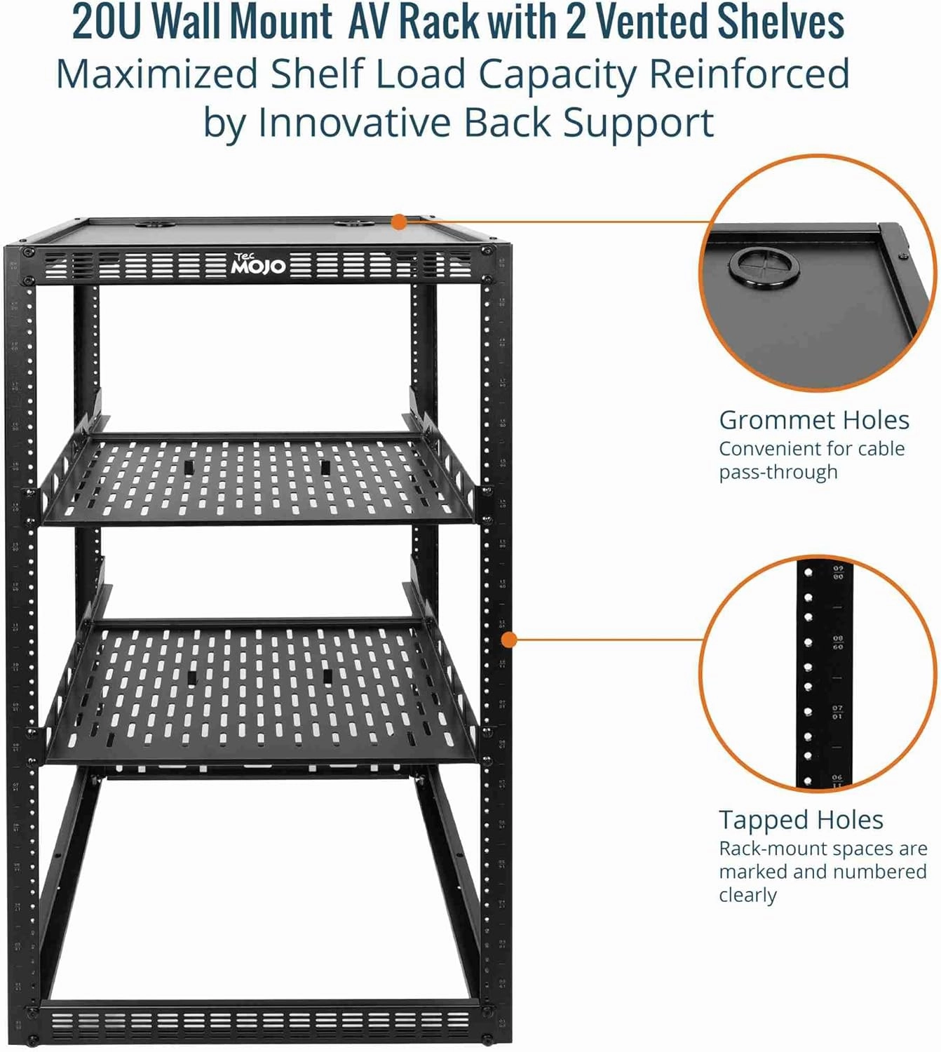 Tecmojo 20U Open Frame Network Rack for IT & AV Gear, Black, Alloy Steel, Rack Mount, Wall Floor Mount, Compatible with Networking Devices, Servers, IT Equipment