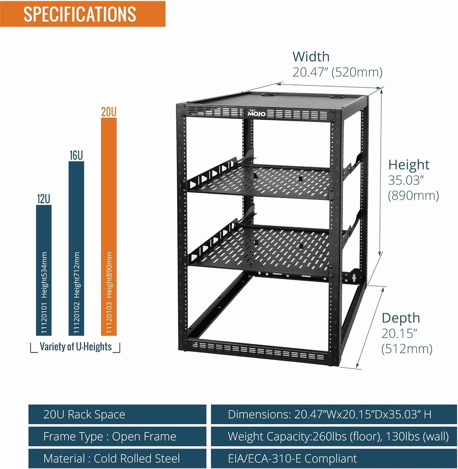 Tecmojo 20U Open Frame Network Rack for IT & AV Gear, Black, Alloy Steel, Rack Mount, Wall Floor Mount, Compatible with Networking Devices, Servers, IT Equipment