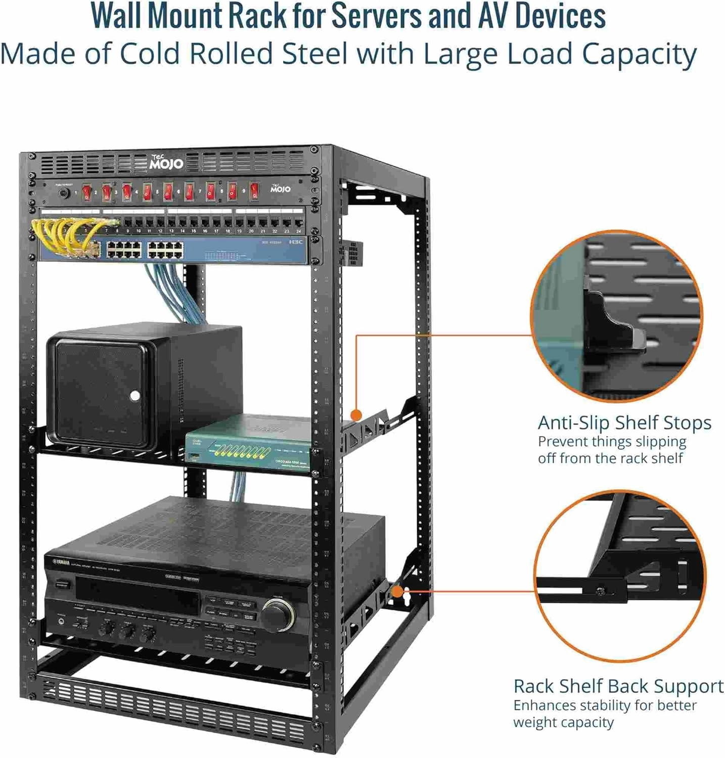 Tecmojo 20U Open Frame Network Rack for IT & AV Gear, Black, Alloy Steel, Rack Mount, Wall Floor Mount, Compatible with Networking Devices, Servers, IT Equipment