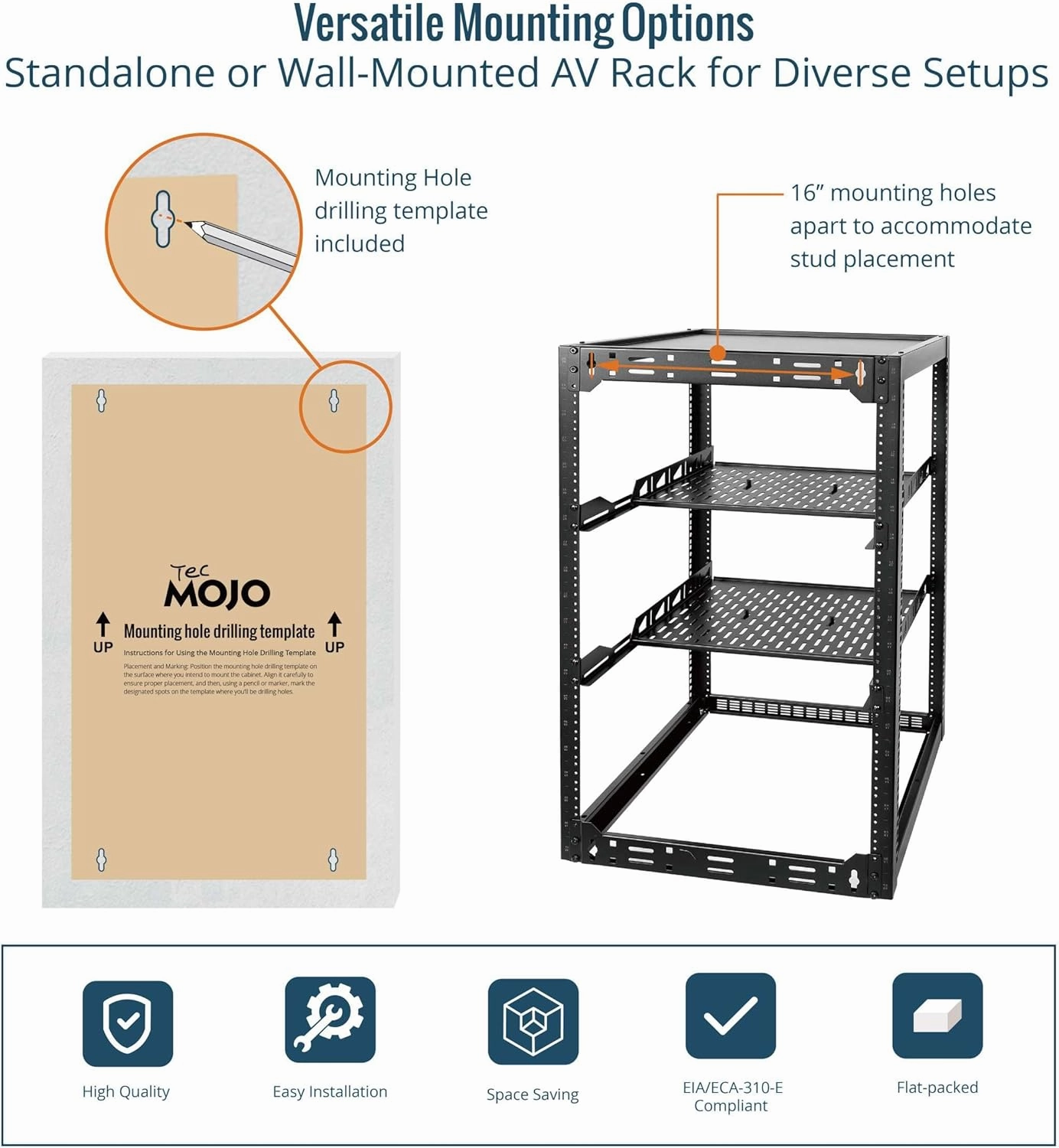 Tecmojo 20U Open Frame Network Rack for IT & AV Gear, Black, Alloy Steel, Rack Mount, Wall Floor Mount, Compatible with Networking Devices, Servers, IT Equipment