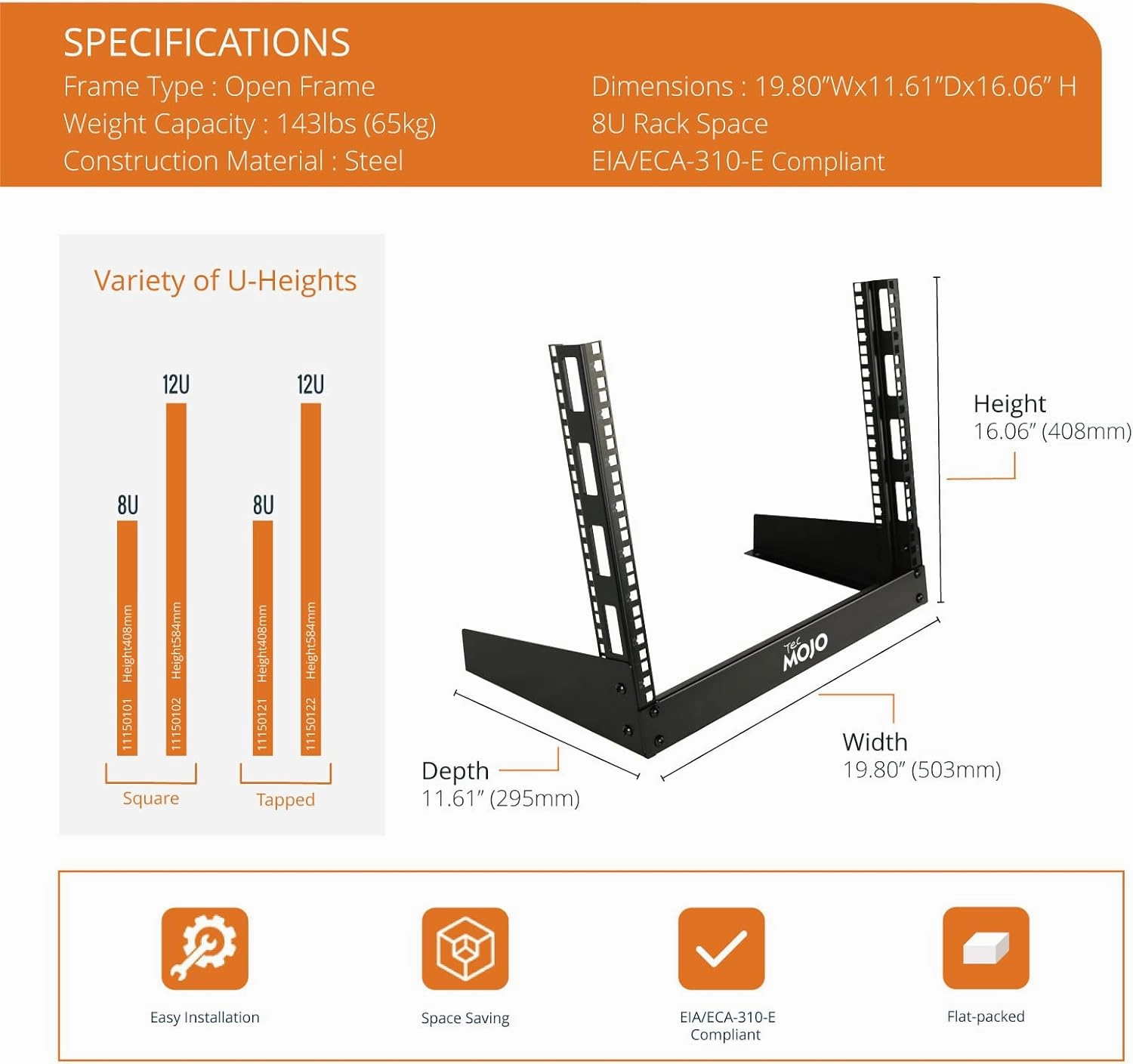 Tecmojo 2 Post 8U Desktop Server Rack Small Open Frame Rack for 19in AV/Data/Audio/Studio Equipment Free Standing Home/Office Rack,Square Hole