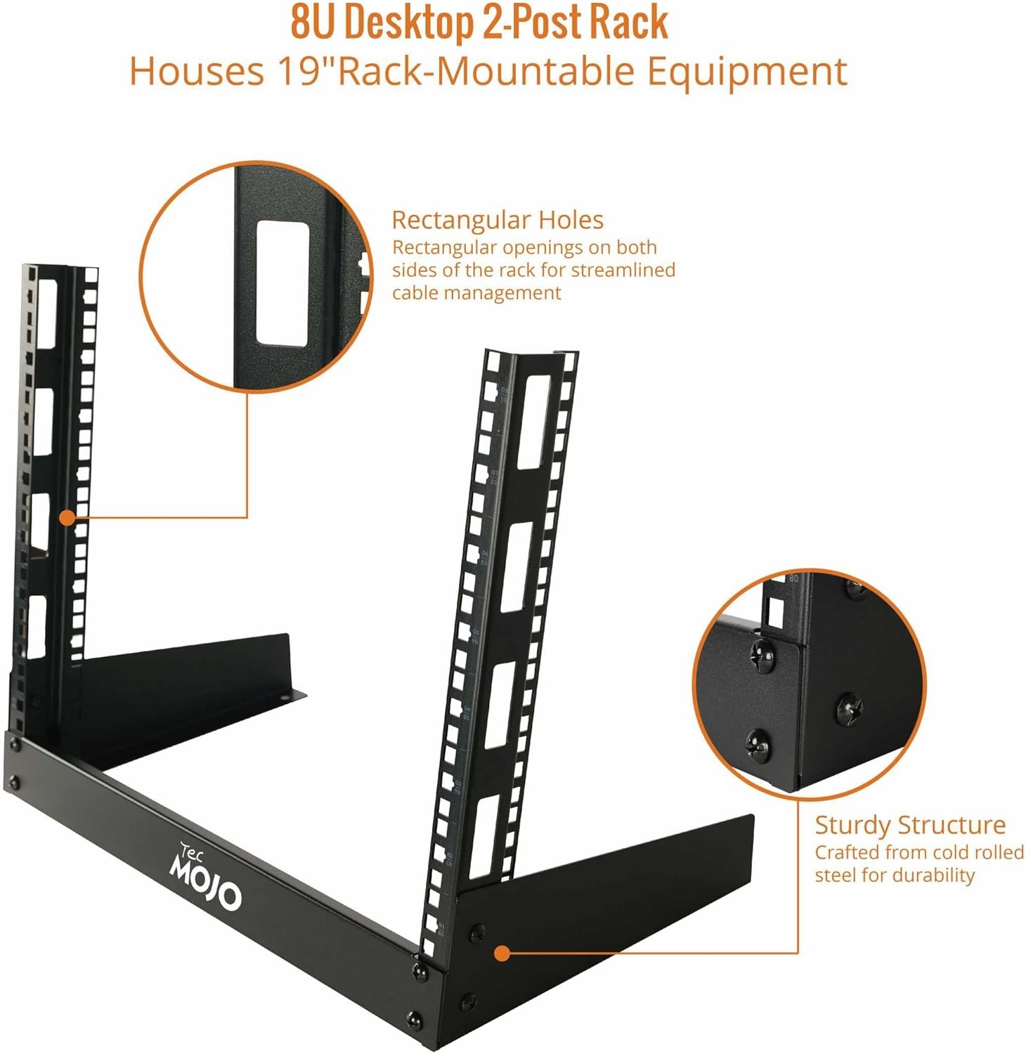 Tecmojo 2 Post 8U Desktop Server Rack Small Open Frame Rack for 19in AV/Data/Audio/Studio Equipment Free Standing Home/Office Rack,Square Hole