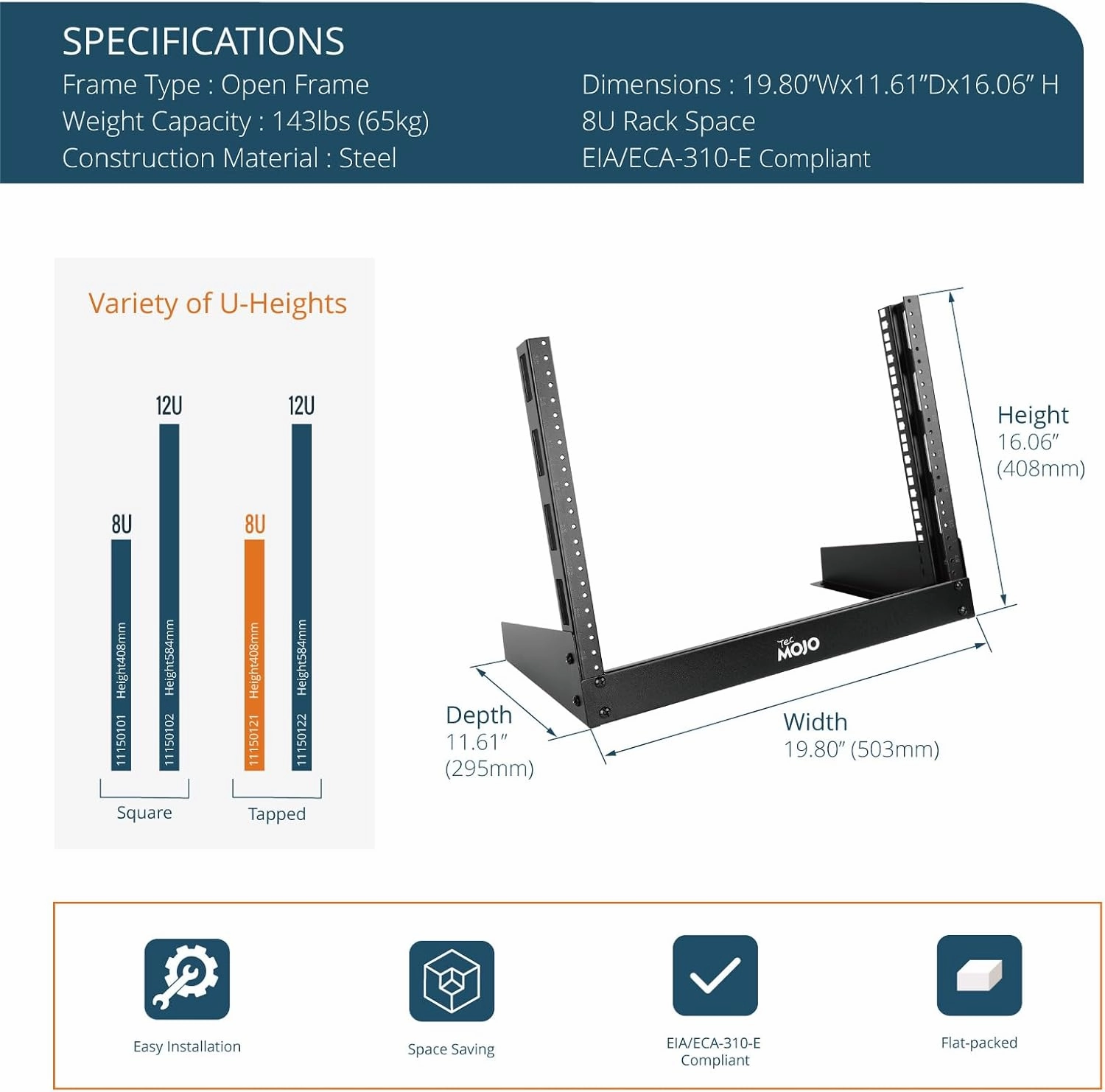 Tecmojo 2 Post 8U Desktop Sever Rack Small Open Frame Rack for 19 inch AV/Data/Audio/Studio Equipment Free Standing Home/Office Rack,Tapped Hole, Black