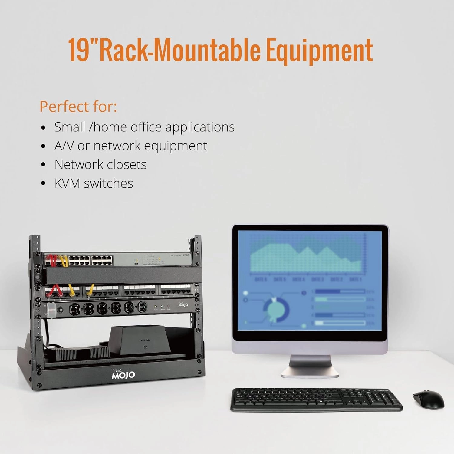 Tecmojo 2 Post 8U Desktop Sever Rack Small Open Frame Rack for 19 inch AV/Data/Audio/Studio Equipment Free Standing Home/Office Rack,Tapped Hole, Black
