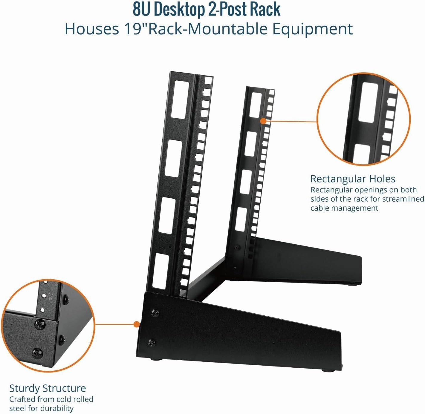 Tecmojo 2 Post 8U Desktop Sever Rack Small Open Frame Rack for 19 inch AV/Data/Audio/Studio Equipment Free Standing Home/Office Rack,Tapped Hole, Black