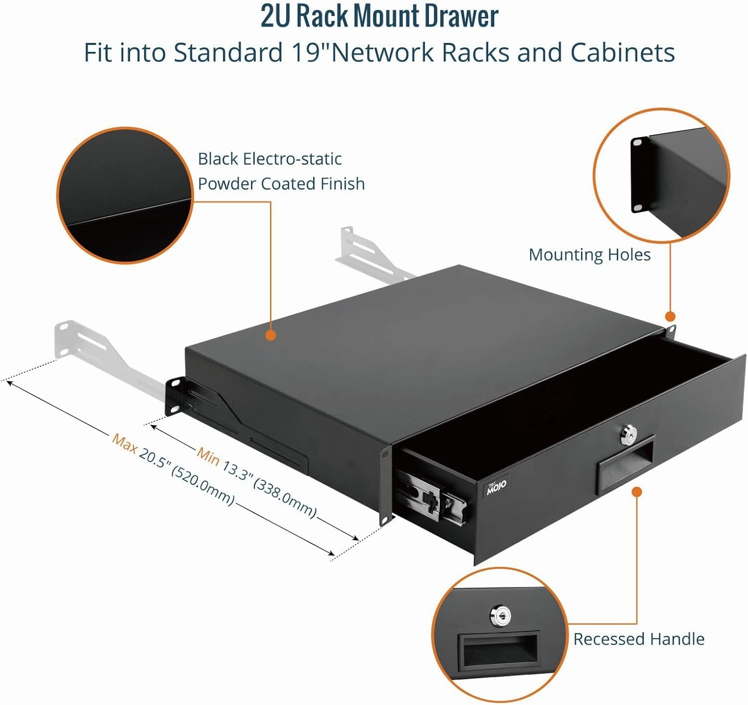 Tecmojo 2U Rack Drawer,Rack Mount Drawer for 19in Network Equipment/Server/AV Rack or Cabinet Enclosure,Sliding and Lockable Server Rack Drawer - Load-Bearing 44lb (20kg),with Cable Management Holes
