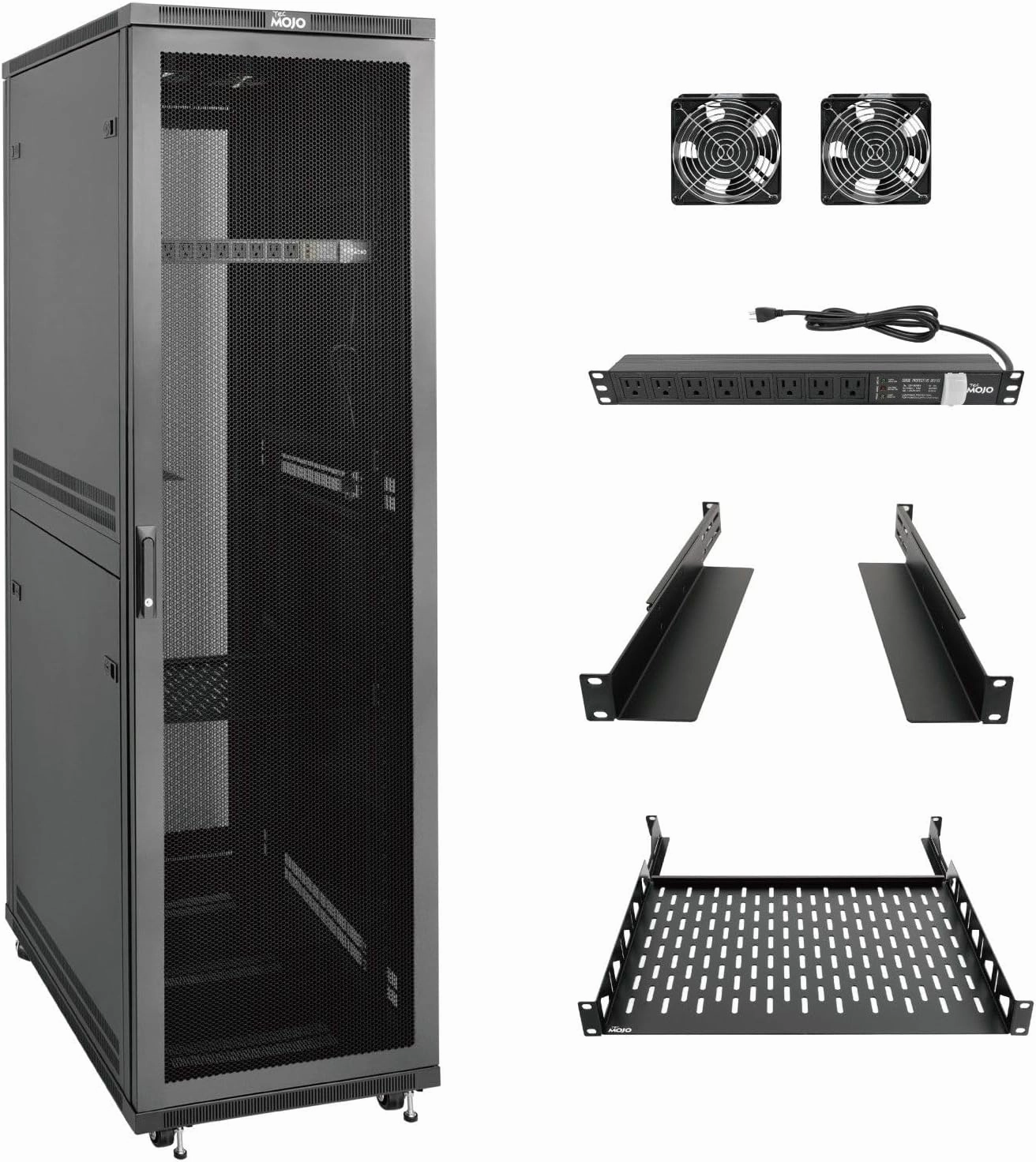Tecmojo 42U Server Rack Network Cabinet with PDU, Cooling Fans, Rack Rails, Shelf & Casters Locking Data Cabinet Enclosure for 19" Server, Networking, AV, IT Equipment, Mesh Door (42U 23.6"w*31.5"d ) audio rack,hi-fi component stand,medi