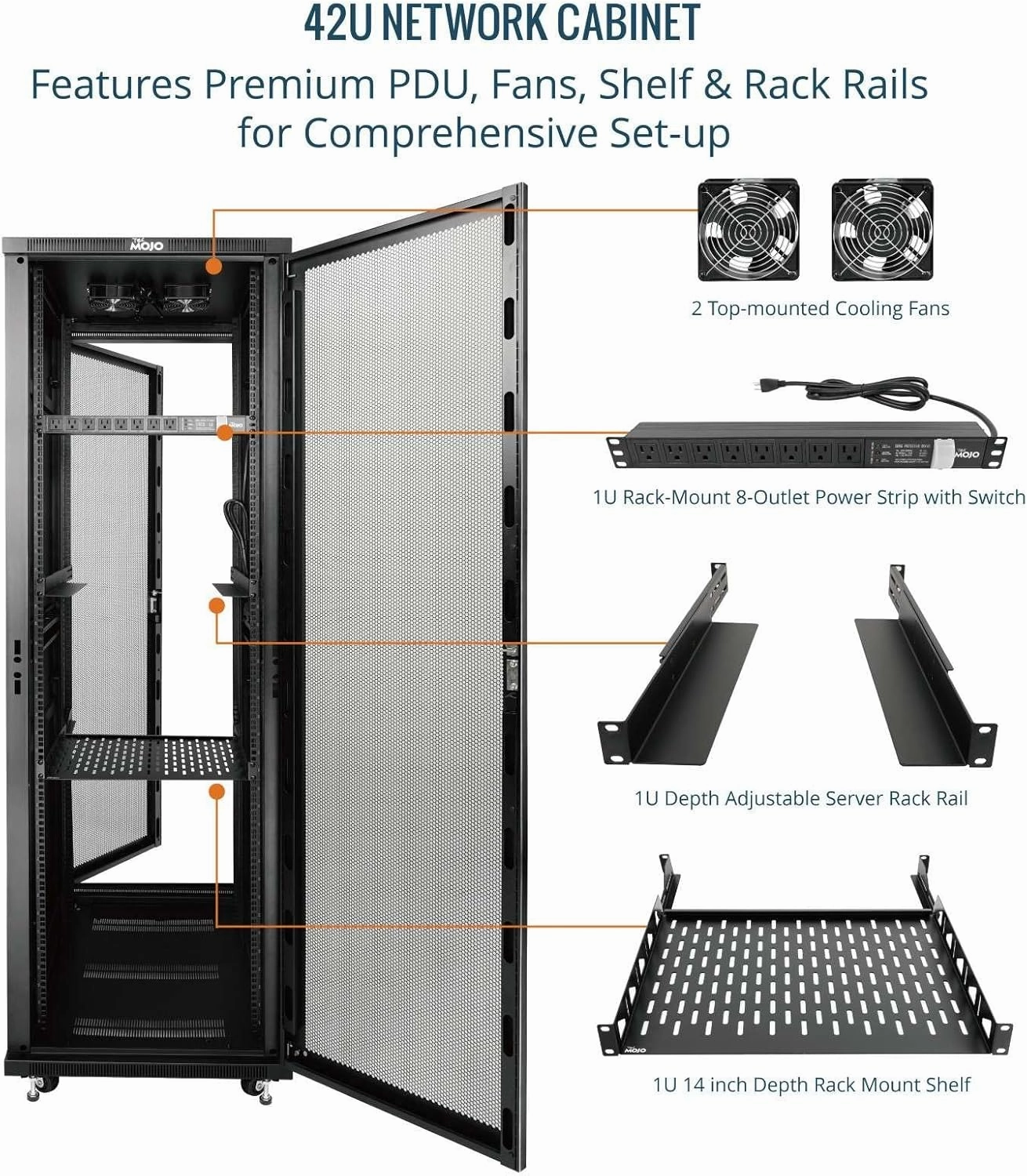 Tecmojo 42U Server Rack Network Cabinet with PDU, Cooling Fans, Rack Rails, Shelf & Casters Locking Data Cabinet Enclosure for 19" Server, Networking, AV, IT Equipment, Mesh Door (42U 23.6"w*31.5"d )