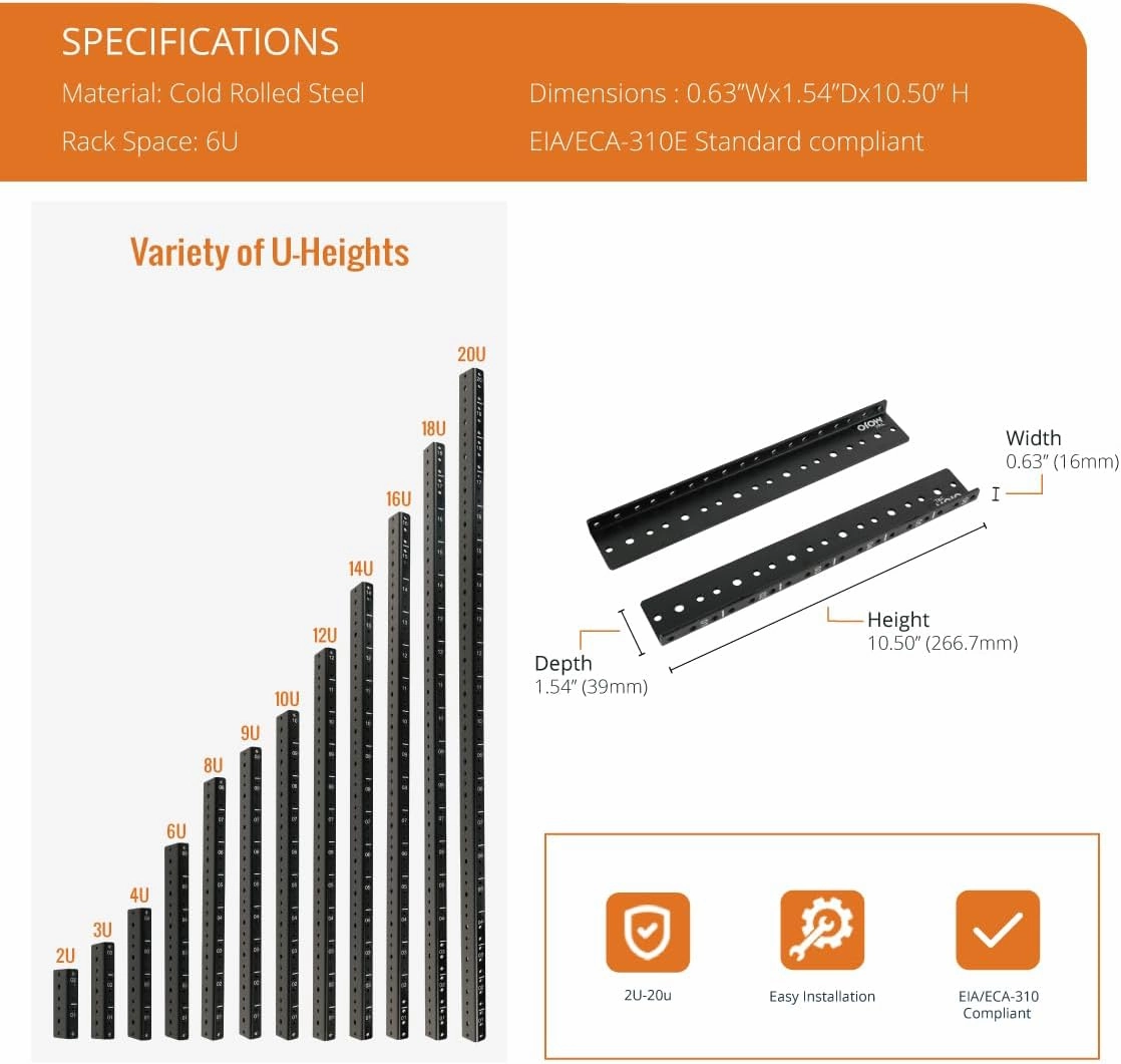 Tecmojo 6U Vertical Rack Rail Pair Kit DIY Rack Rails Kit, 12-24 Screws Included to Mount Equipment, Tapped Hole
