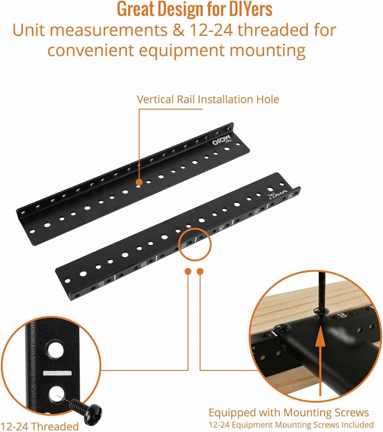 Tecmojo 6U Vertical Rack Rail Pair Kit DIY Rack Rails Kit, 12-24 Screws Included to Mount Equipment, Tapped Hole
