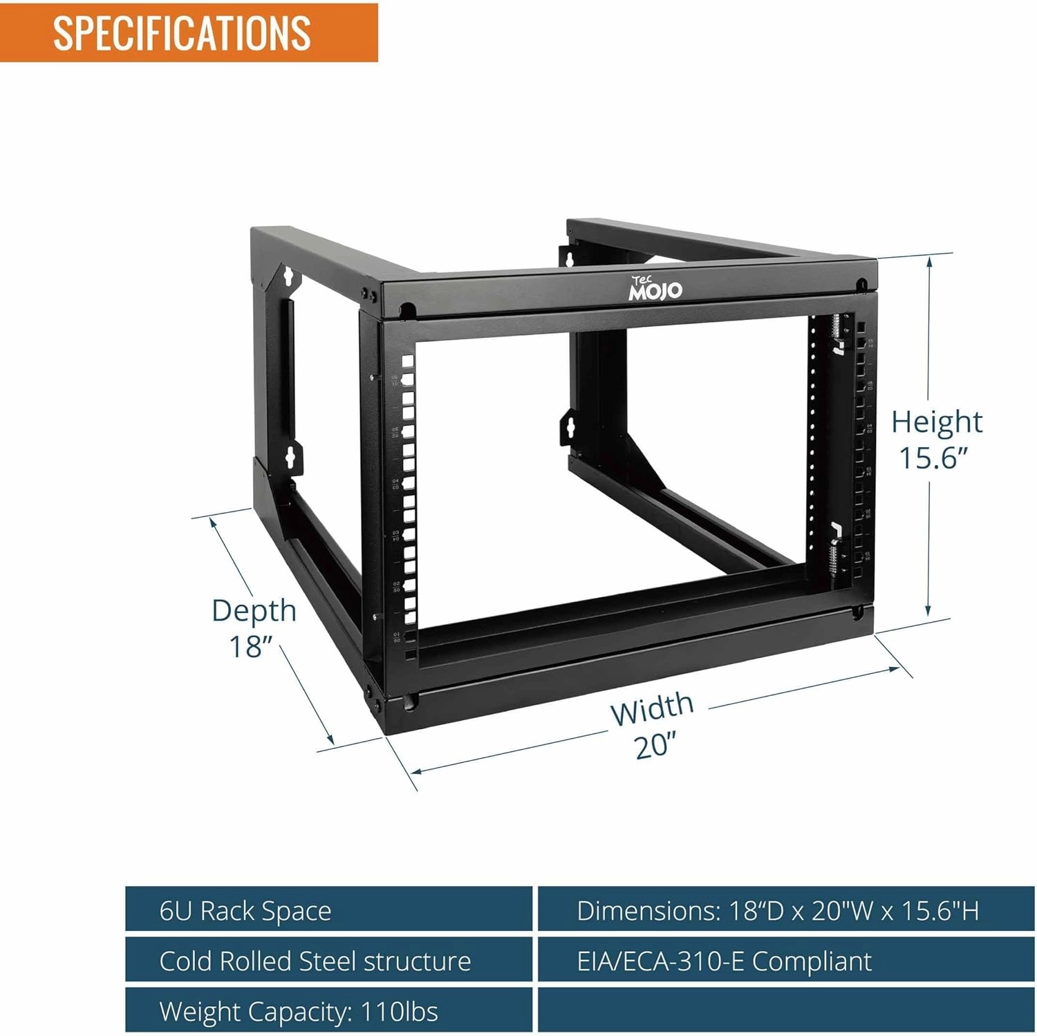 Tecmojo 6U Wall Mount Server Rack, Open Frame Network Rack for 19" Computer/AV/Data/IT/Media Equipment, 18" Depth, 16" Apart Mounting Holes, Swing Gate, Square and Tapped Holes