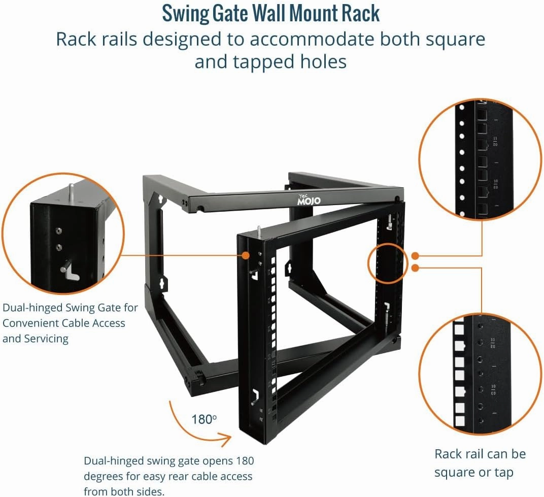Tecmojo 6U Wall Mount Server Rack, Open Frame Network Rack for 19" Computer/AV/Data/IT/Media Equipment, 18" Depth, 16" Apart Mounting Holes, Swing Gate, Square and Tapped Holes