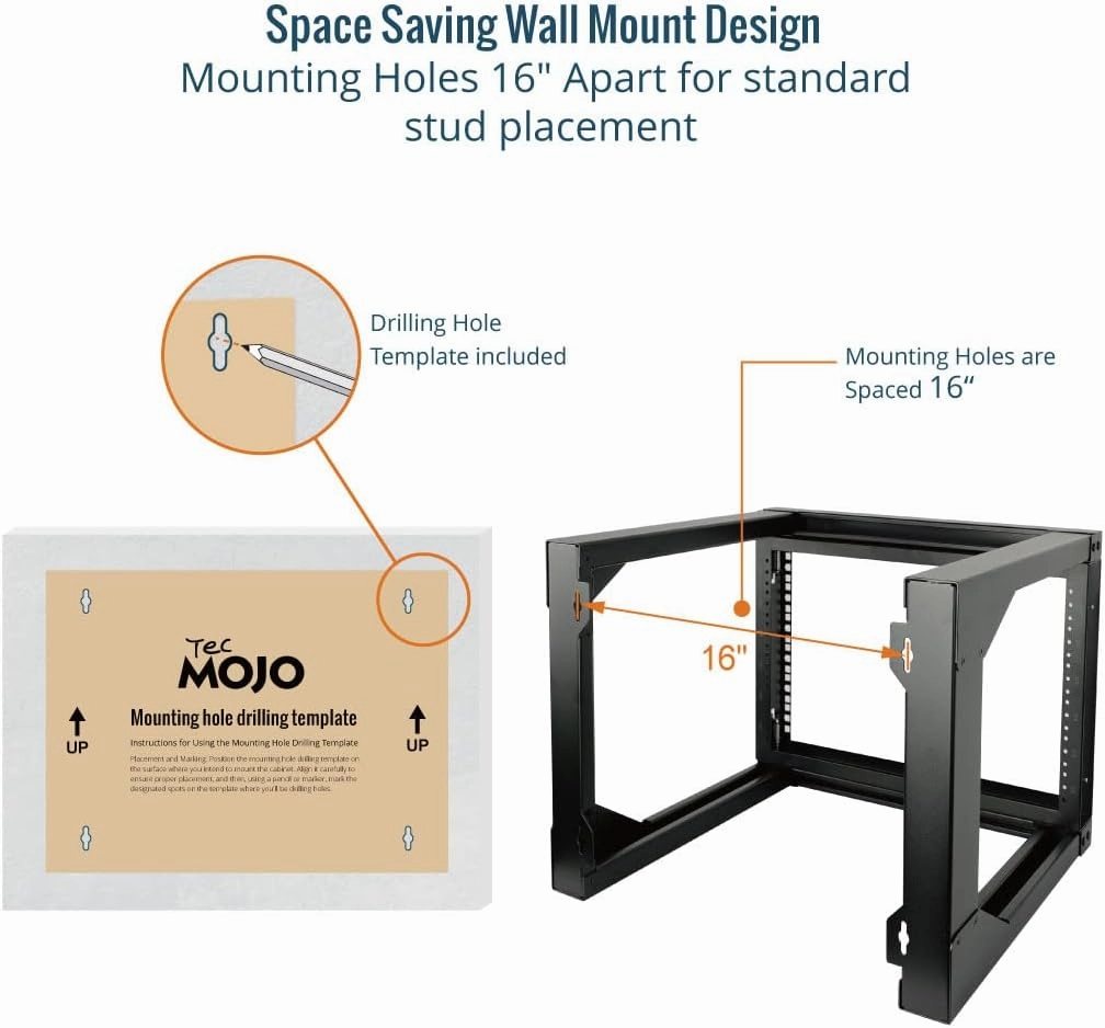 Tecmojo 6U Wall Mount Server Rack, Open Frame Network Rack for 19" Computer/AV/Data/IT/Media Equipment, 18" Depth, 16" Apart Mounting Holes, Swing Gate, Square and Tapped Holes