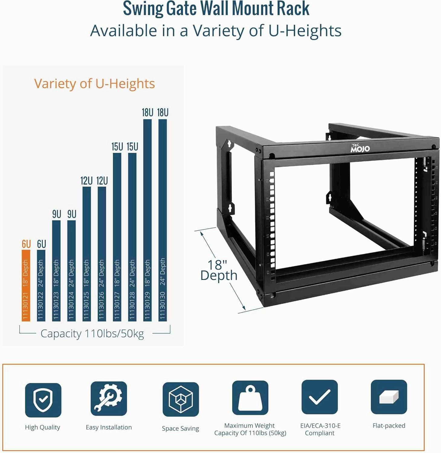 Tecmojo 6U Wall Mount Server Rack, Open Frame Network Rack for 19" Computer/AV/Data/IT/Media Equipment, 18" Depth, 16" Apart Mounting Holes, Swing Gate, Square and Tapped Holes