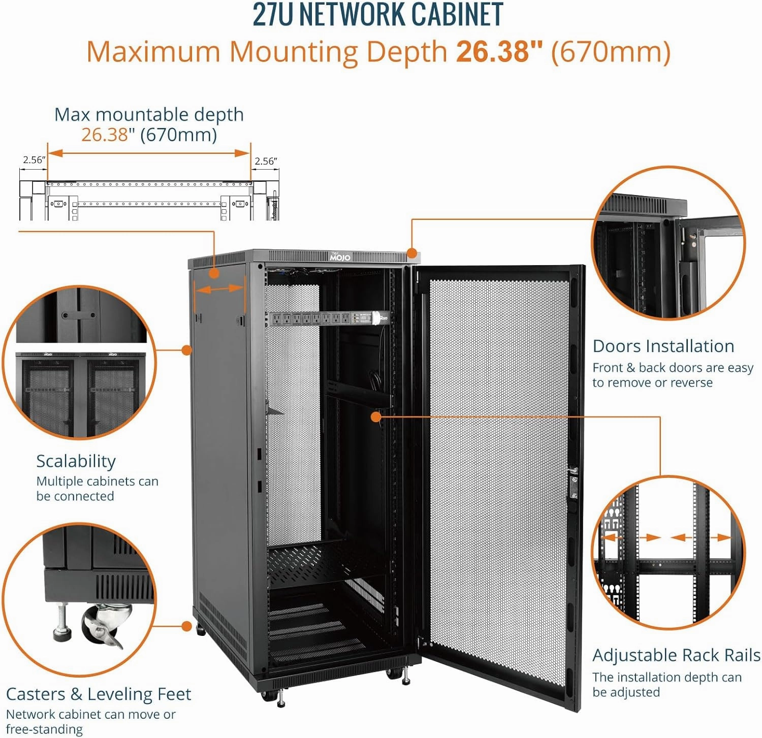 Tecmojo Network Rack Cabinet,27U Server Rack,31.5 Inch Depth,Hold Up to 1600Lbs,Lockable Cabinet with Casters and Complete Accessories,Mesh Door,for Home,Office,Small Business (27U 23.6" w*31.5" d)