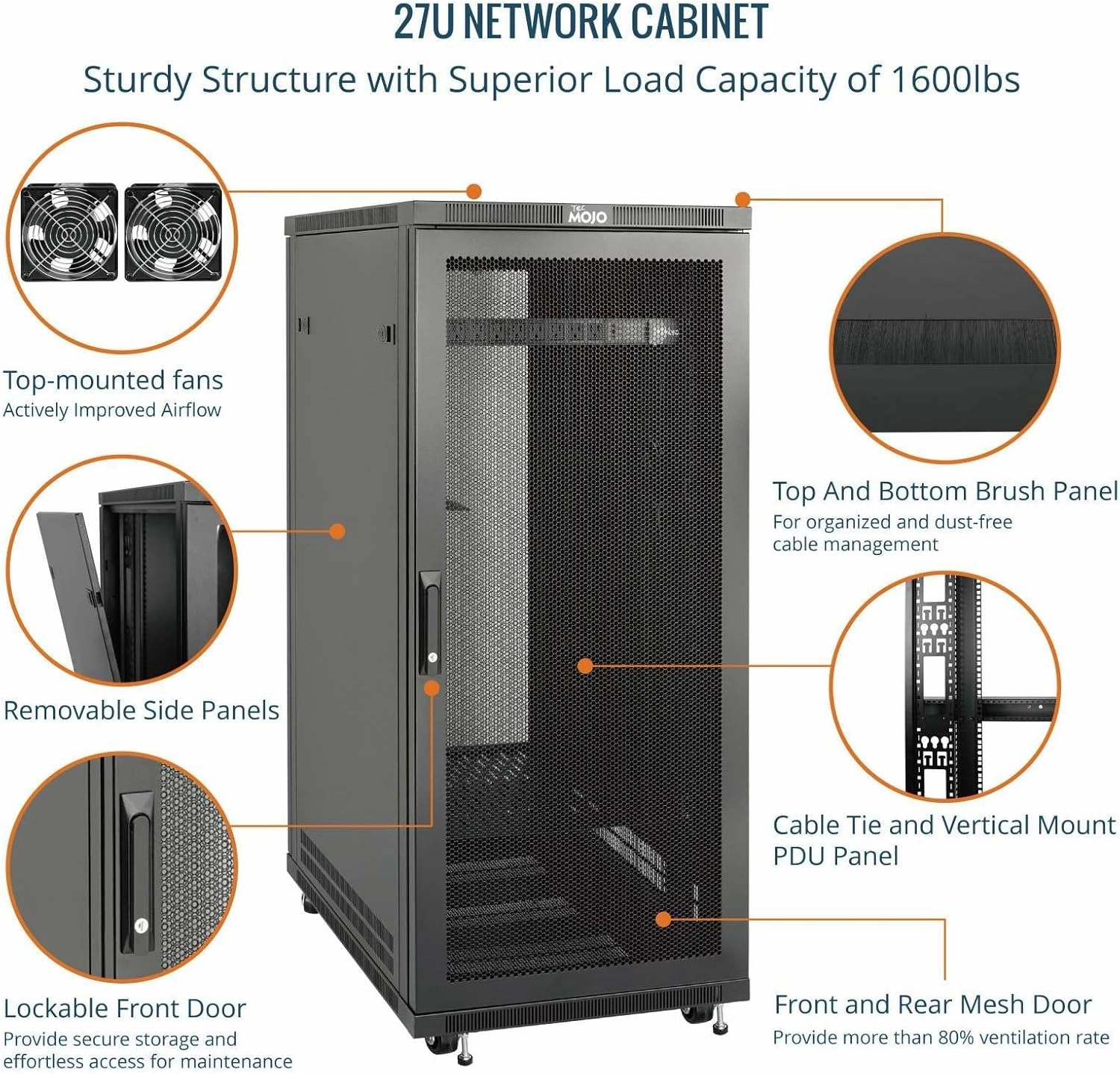 Tecmojo Network Rack Cabinet,27U Server Rack,31.5 Inch Depth,Hold Up to 1600Lbs,Lockable Cabinet with Casters and Complete Accessories,Mesh Door,for Home,Office,Small Business (27U 23.6" w*31.5" d)