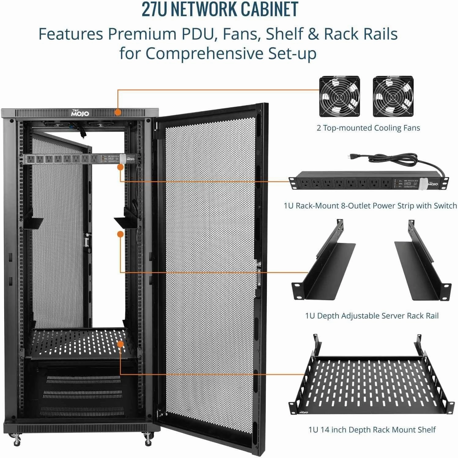Tecmojo Network Rack Cabinet,27U Server Rack,31.5 Inch Depth,Hold Up to 1600Lbs,Lockable Cabinet with Casters and Complete Accessories,Mesh Door,for Home,Office,Small Business (27U 23.6" w*31.5" d)