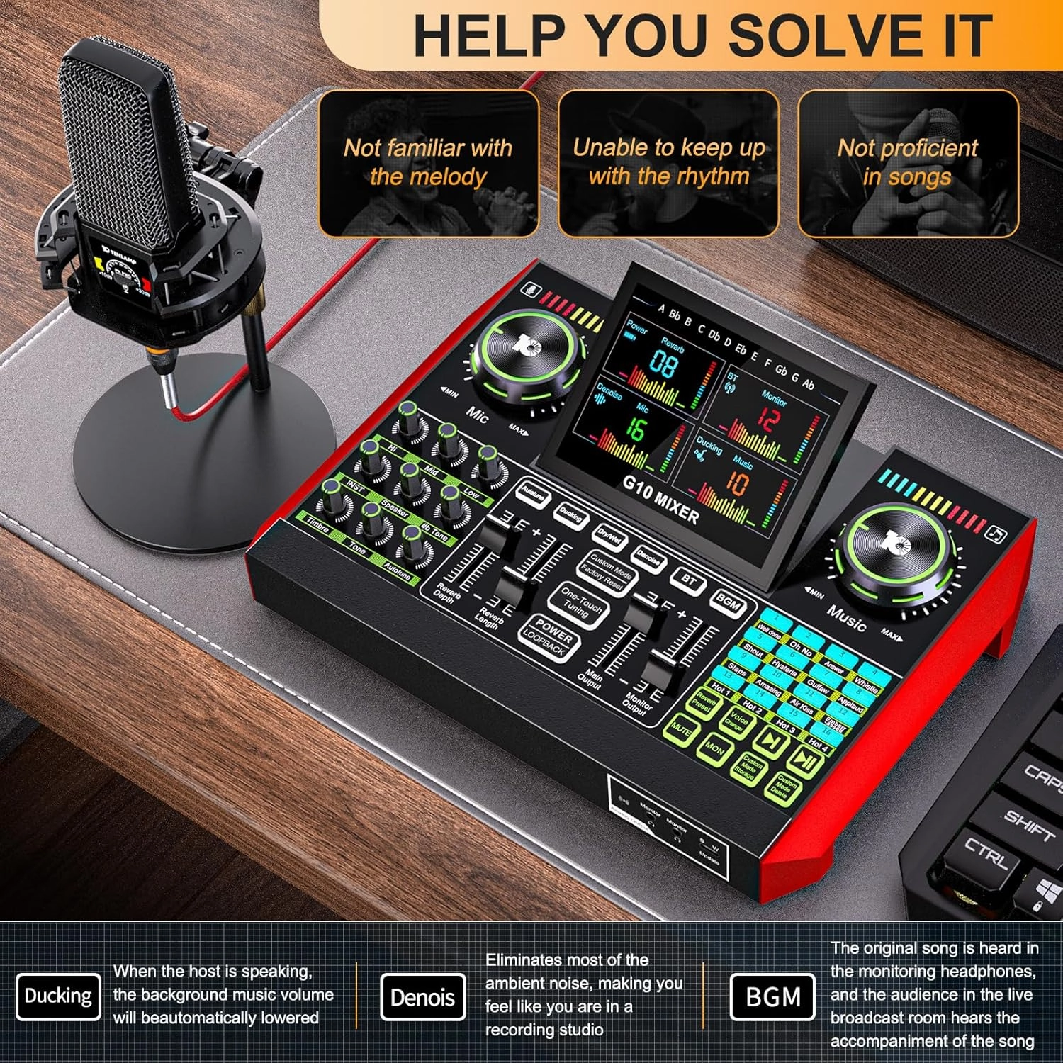tenlamp G10 Gaming Audio Mixer, Audio Interface with 3.5mm/XLR Microphone Input, 48V Phantom Power, Voice Changer Live Sound Card for Streaming, Podcasting, Recording, and Singing Content Creation