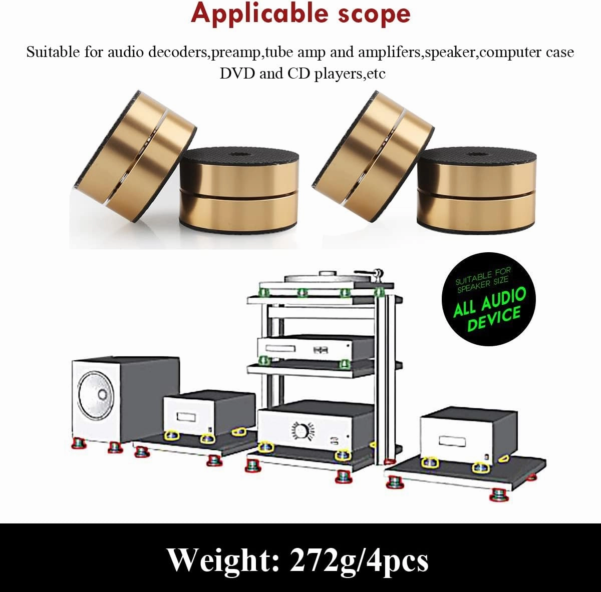 Tertullus 4 Pcs Speaker Isolation Feet Anti Vibration Pads with Stainless Steel Ball Speaker Pad Stand 39mm24mm Aluminum Absorb Shock for Hifi Equipments(Gold)