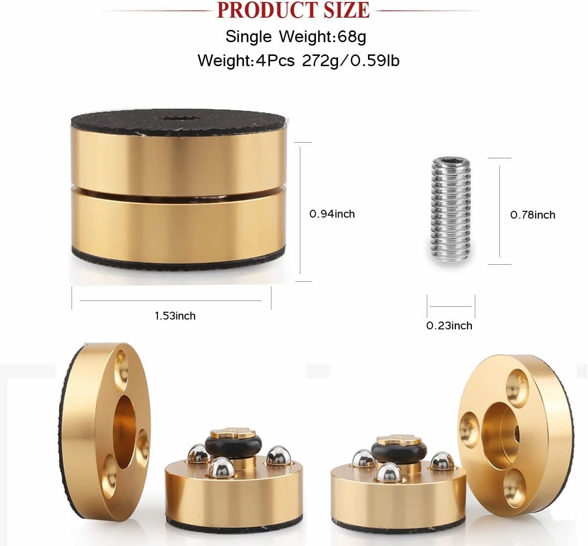 Tertullus 4 Pcs Speaker Isolation Feet Anti Vibration Pads with Stainless Steel Ball Speaker Pad Stand 39mm24mm Aluminum Absorb Shock for Hifi Equipments(Gold)