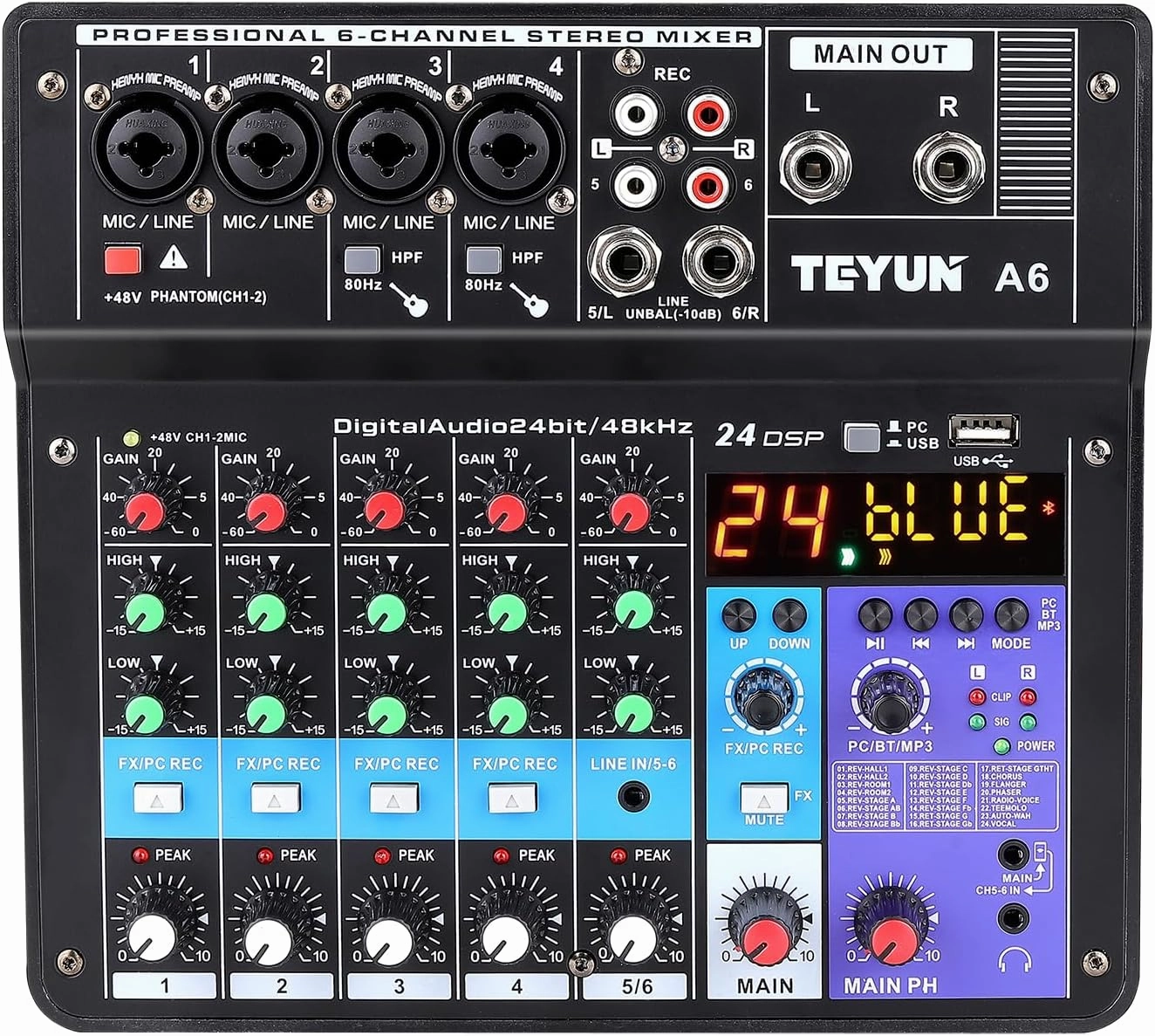 TEYUN 6 Channel Professional Portable Mixer Sound Mixing Console Computer Input 48v Power Number Live Broadcast A6 New (6-Channel)