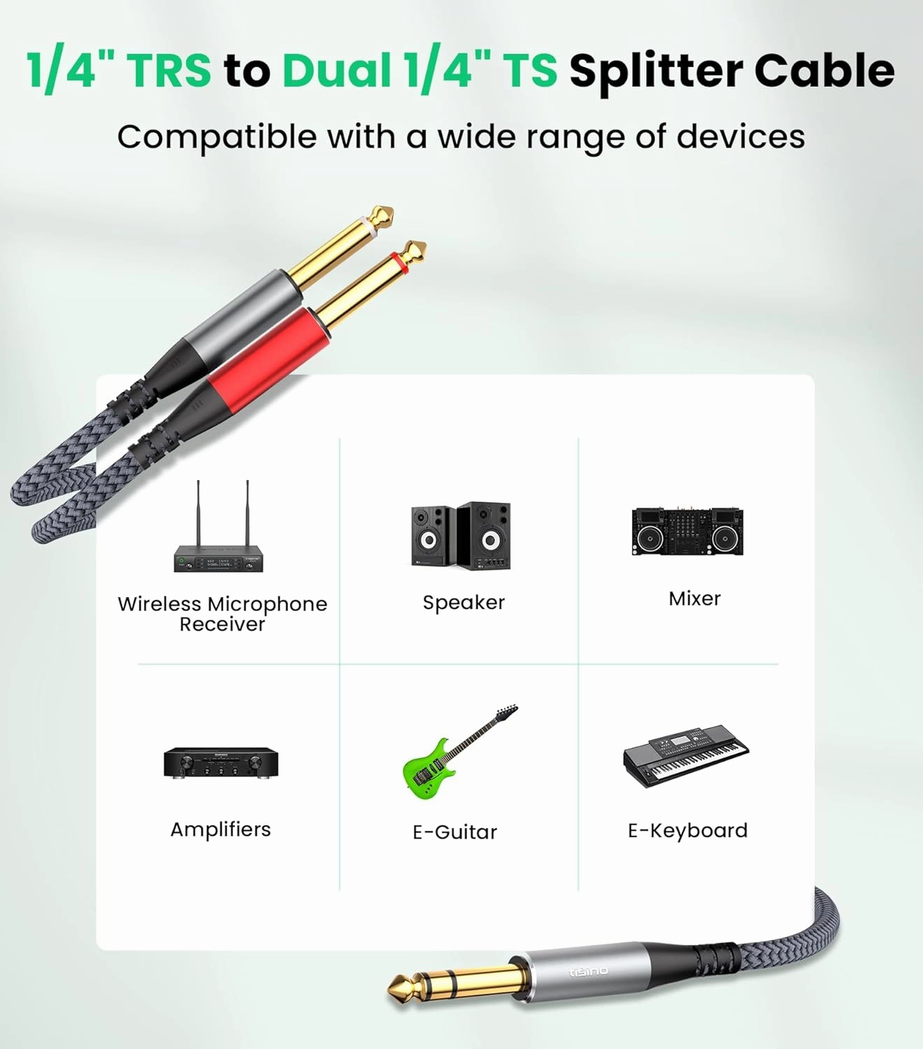 Tisino 1/4 inch TRS Stereo Splitter Y Cable-3.3 Feet, 1/4 inch Stereo to Dual 6.35mm TS Mono Insert Y-Splitter TRS 1/4" Breakout Patch Cable for Amplifiers, Mixers