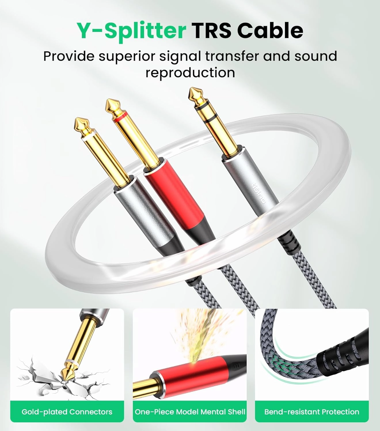 Tisino 1/4 inch TRS Stereo Splitter Y Cable-3.3 Feet, 1/4 inch Stereo to Dual 6.35mm TS Mono Insert Y-Splitter TRS 1/4" Breakout Patch Cable for Amplifiers, Mixers