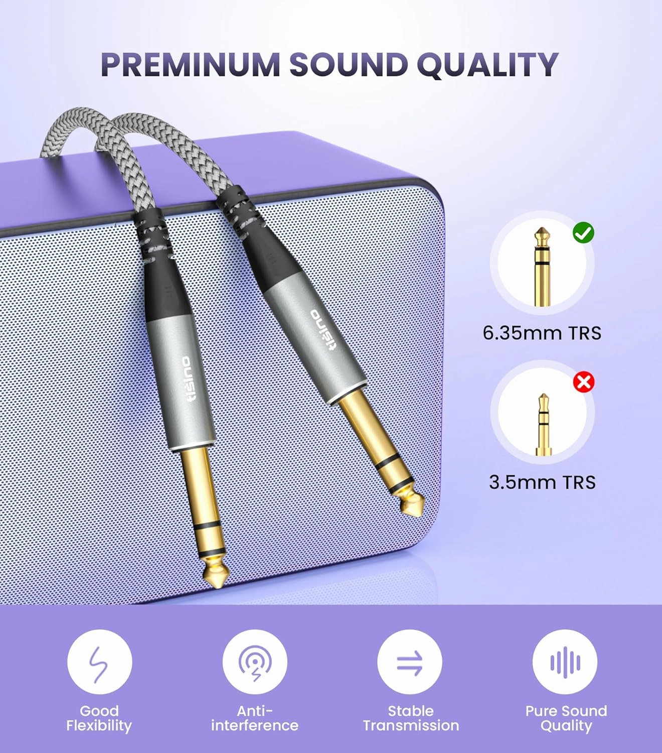 Tisino 1/4" TRS Male to 1/4" Male Audio Cable, 3.3 Feet, Balanced Stereo, Nylon Braid, For Studio Monitors, Mixer, Speaker