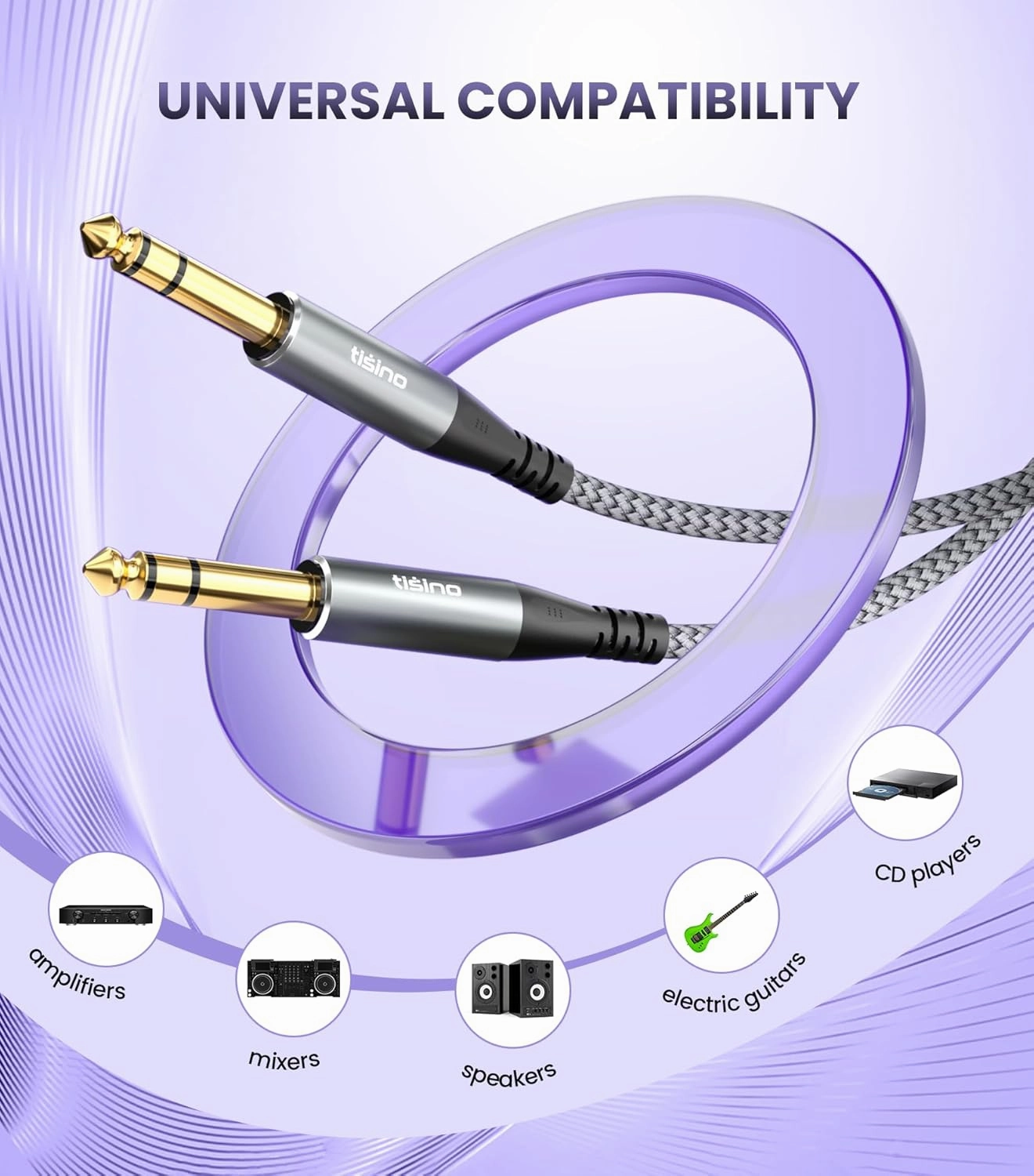 Tisino 1/4" TRS Male to 1/4" Male Audio Cable, 3.3 Feet, Balanced Stereo, Nylon Braid, For Studio Monitors, Mixer, Speaker