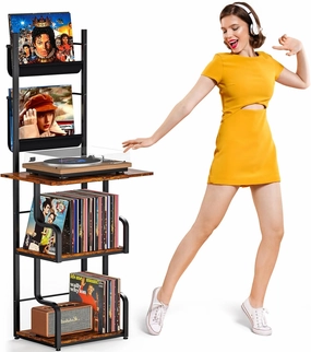 TJ.MOREE Record Player Stand with Vinyl Storage, Tall Record Player Table with Rack Turntable Stand and Record Holder Vinyl Display Shelf up to 210 Album, Corner Record Player Cabinet Organizer vinyl storage,record holder,LP organizer,