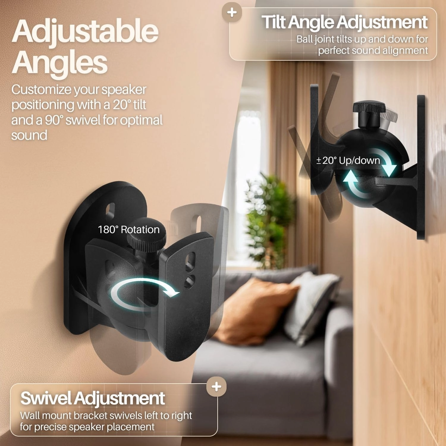TNP Universal Satellite Speaker Wall Mount Bracket Ceiling Mount Clamp with Adjustable Swivel and Tilt Angle Rotation for Home Theater Surround Sound System Satellite Speakers - 2 Pack, Black