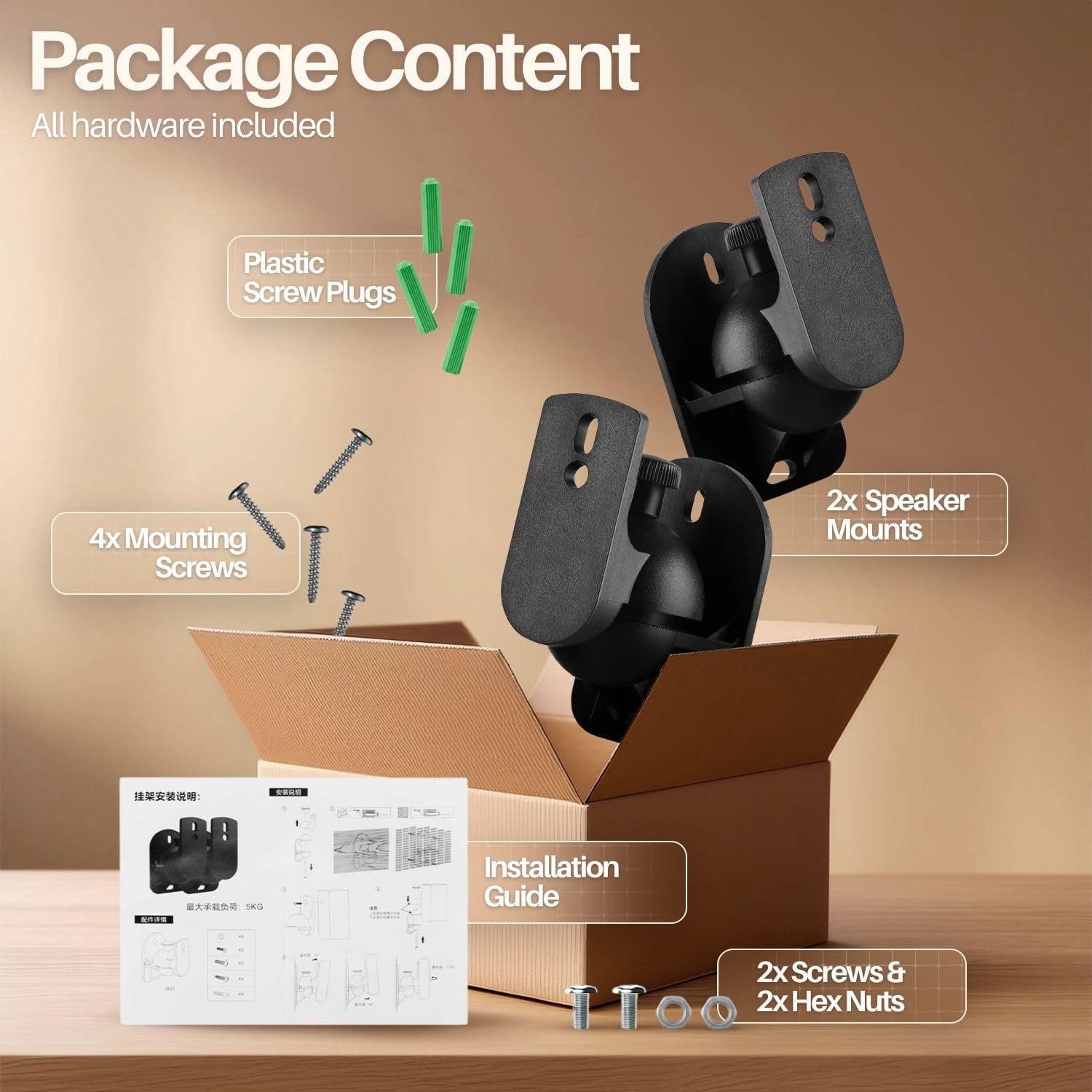TNP Universal Satellite Speaker Wall Mount Bracket Ceiling Mount Clamp with Adjustable Swivel and Tilt Angle Rotation for Home Theater Surround Sound System Satellite Speakers - 2 Pack, Black