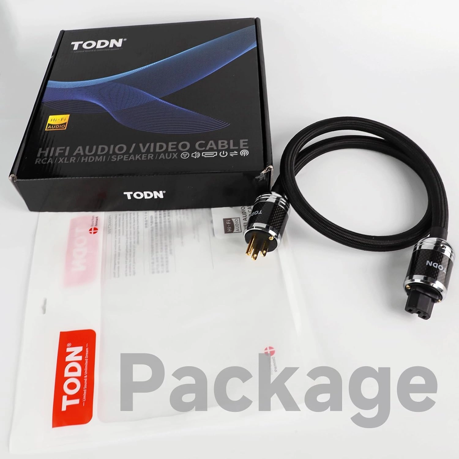 TODN Audiophile Power Cable 7 AWG HiFi Audio Power Cord for Speaker, Amp | O-C-C Cores, Carbon Fiber Shell, 24K Gold Plated US Plug, 17.5mm, 3ft/1m
